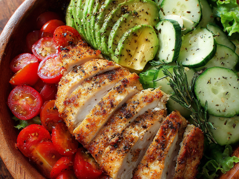 Top with sliced chicken and avocado.