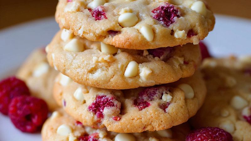 White chocolate raspberry cookies with bright red raspberry pieces on a baking sheet.
