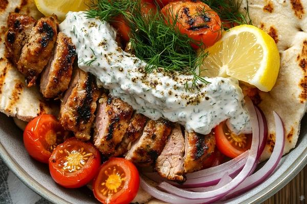 Greek Pork Souvlaki Bowls with Lemon-Oregano Tzatziki