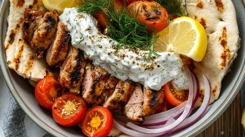 Greek Pork Souvlaki Bowls with Lemon-Oregano Tzatziki