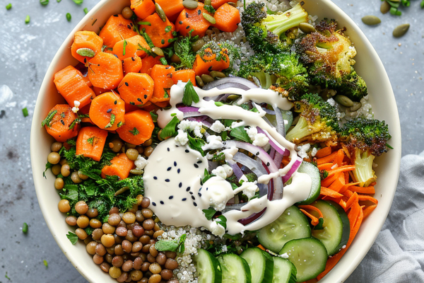 High-protein vegetarian bowl with lentils, quinoa, roasted vegetables, and creamy yogurt tahini sauce