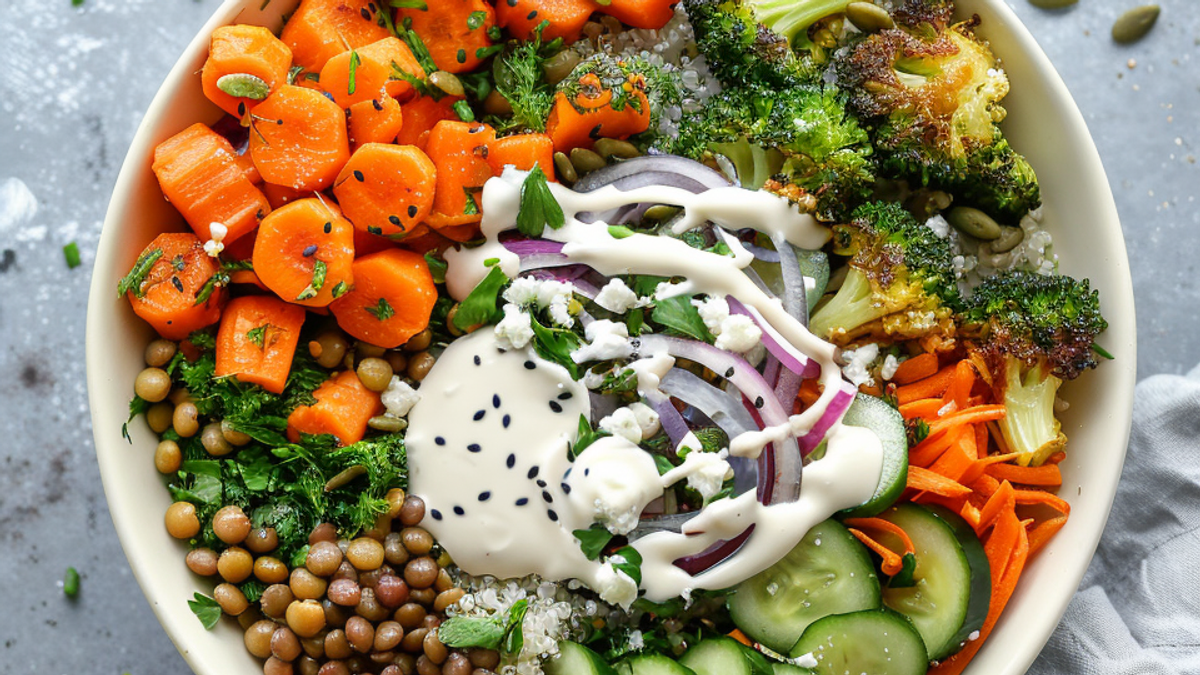 High-protein vegetarian bowl with lentils, quinoa, roasted vegetables, and creamy yogurt tahini sauce