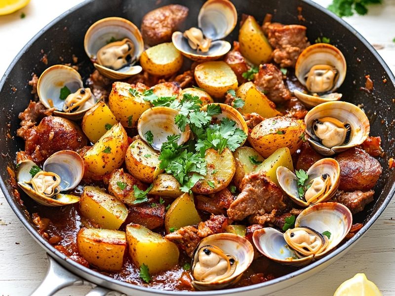 Crispy potatoes folded through pork and clams with fresh cilantro and lemon wedges