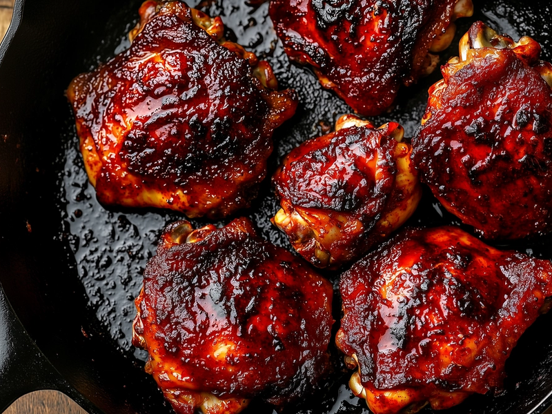 Harissa-marinated chicken thighs sizzling in a cast-iron skillet