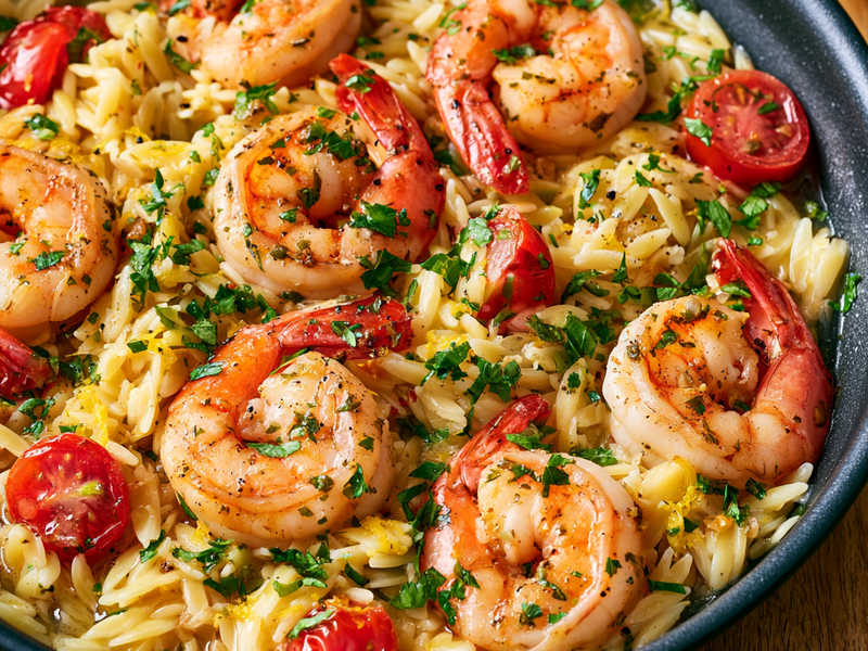 Orzo, lemon, and cherry tomatoes mixed with shrimp in a skillet.