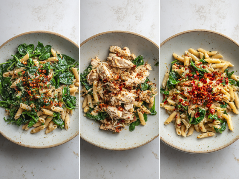 Collage showing baked feta pasta variations with spinach, added chicken, and a spicy chili finish