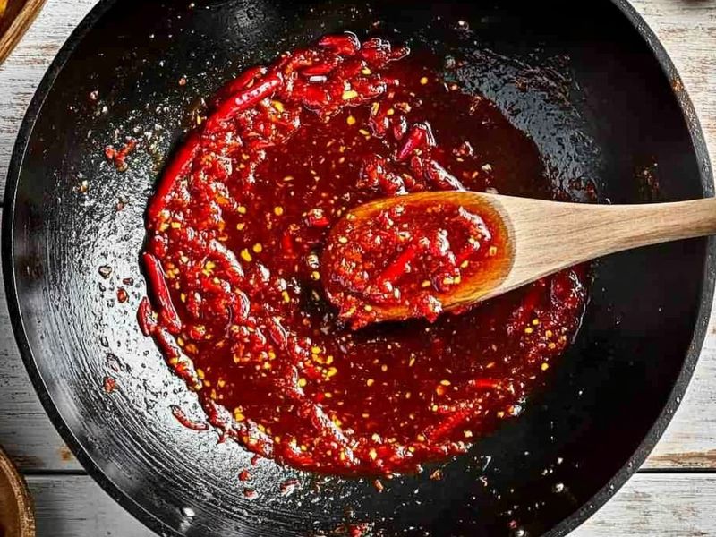 Brick-red sambal paste sizzling in a wok until glossy