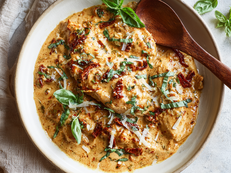 Finished marry me chicken in creamy sun-dried tomato parmesan sauce garnished with basil