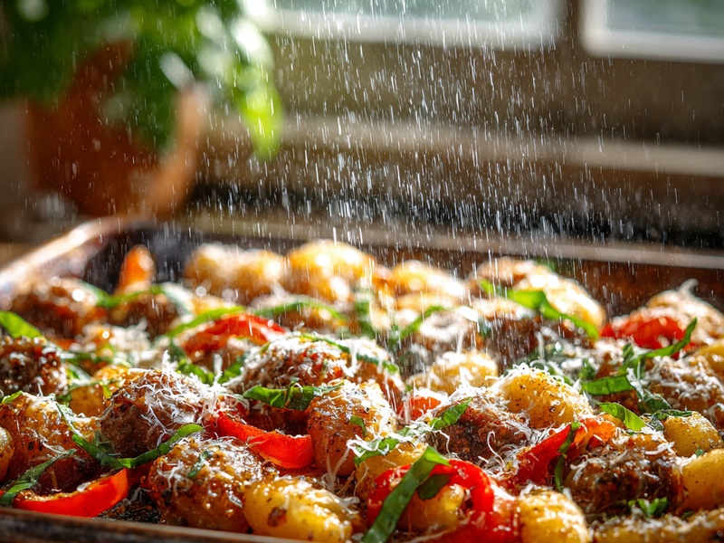 Adding parmesan and fresh basil to sheet-pan gnocchi with sausage and peppers