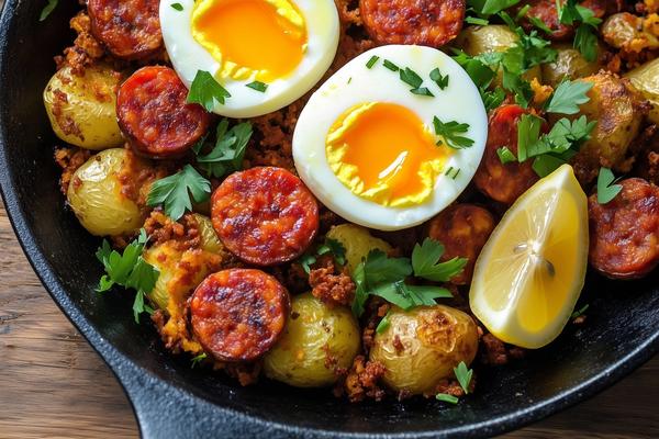 Crispy Smashed Potato Chorizo Hash with Jammy Eggs