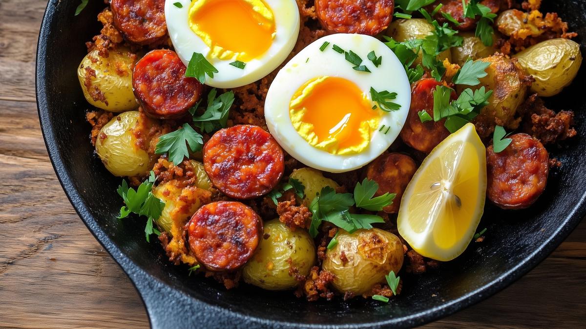Crispy Smashed Potato Chorizo Hash with Jammy Eggs