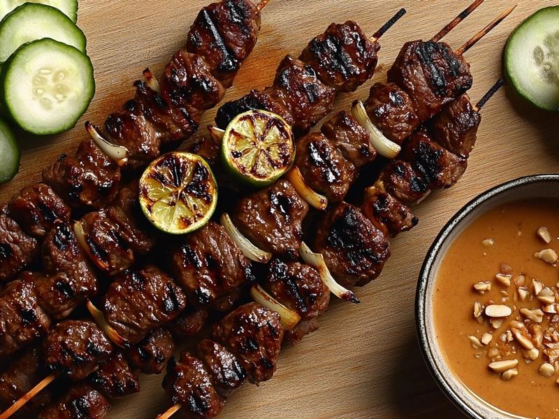 Finished satay skewers with charred limes, cucumber, shallots and peanut sauce