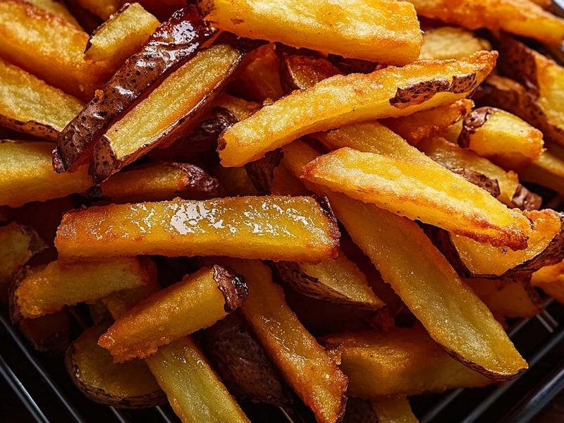 Fry or bake the potato batons until deeply golden and crisp on the outside, then