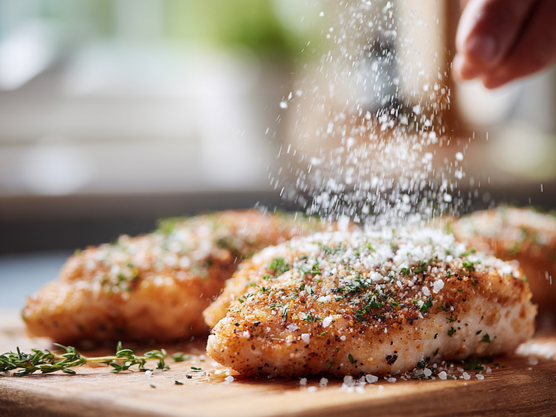 Seasoning chicken cutlets with salt and pepper for air-fryer chicken parmesan