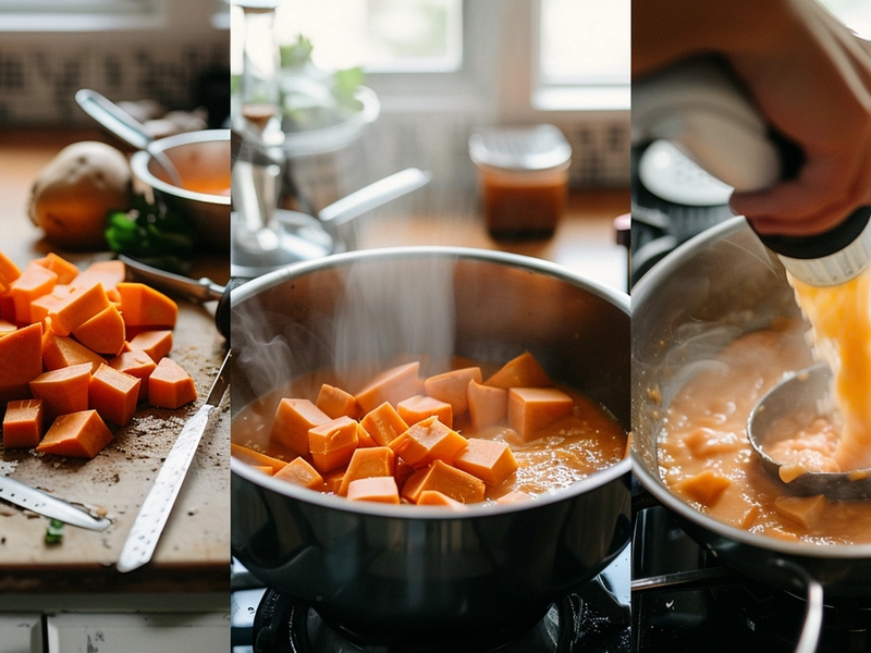 Collage showing evenly diced sweet potatoes, partially blended chowder, and uncovered simmering to thicken sweet potato chowder