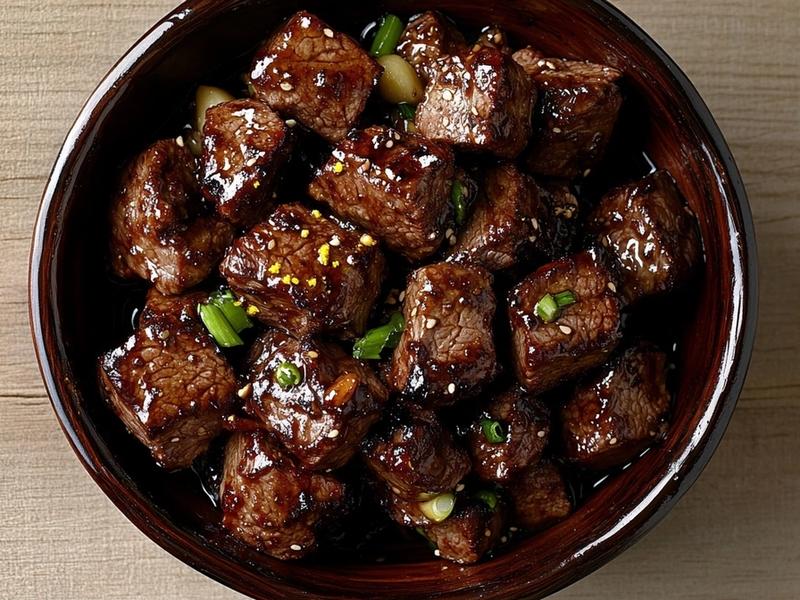 Beef cubes tossed in sweet soy, garlic, ginger and turmeric marinade