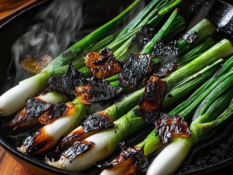 Whole scallions blistering and charring in a hot cast iron skillet