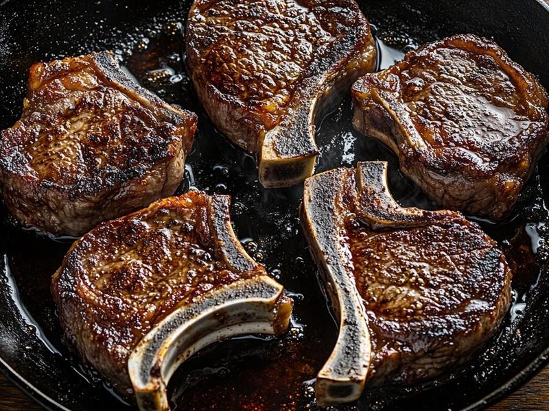 Lamb chops searing fat-side down in a hot cast iron skillet with a deep brown crust