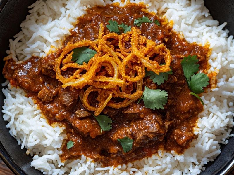 Spoon the rogan josh over a bed of fluffy basmati rice and finish with a handful of crispy fried onions and fresh cilantro