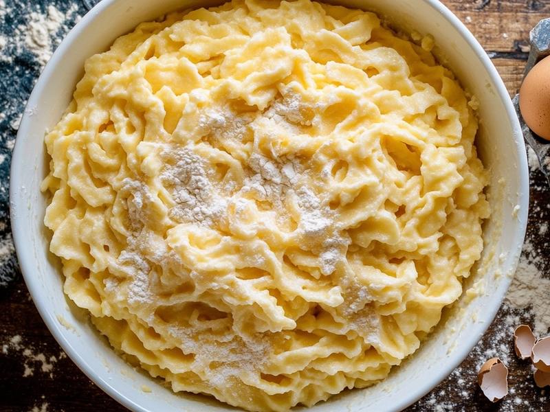 Raw uncooked pale yellow spatzle batter being whisked in a ceramic bowl with flour and cracked eggs beside it, before cooking