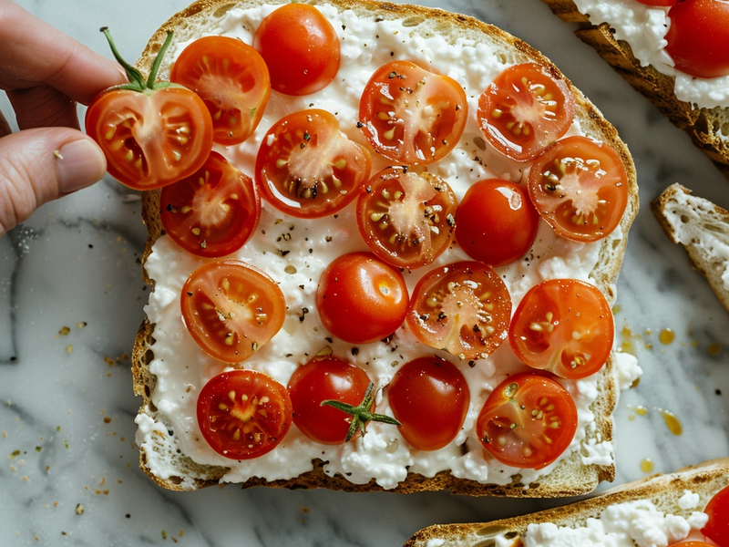 Adding halved cherry tomatoes on top of cottage cheese toast