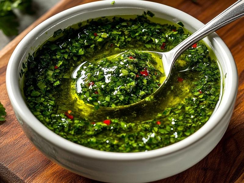 Bright green chimichurri of finely chopped parsley, oregano and garlic being stirred in a bowl
