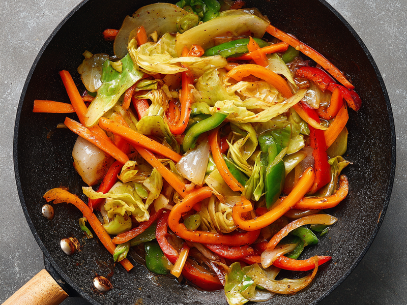 Stir-fry vegetables like carrots, bell peppers, and cabbage for 2–3 minutes.