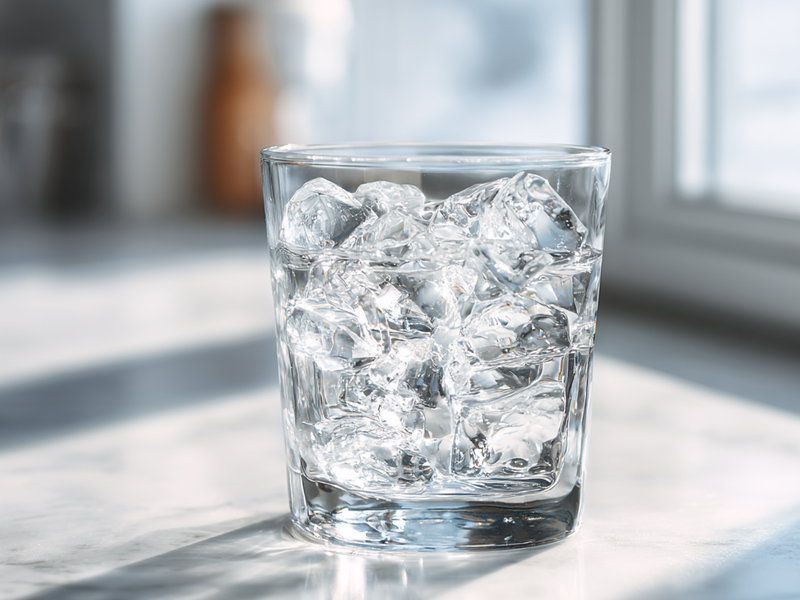 Filling a glass with ice to start the Sleepy Girl Mocktail