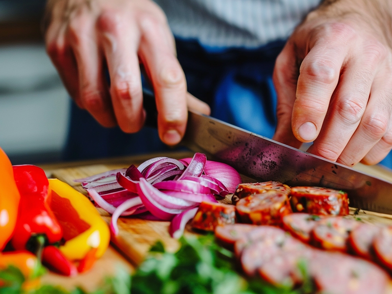 Slicing Italian sausage, bell peppers, and red onion for sheet-pan gnocchi