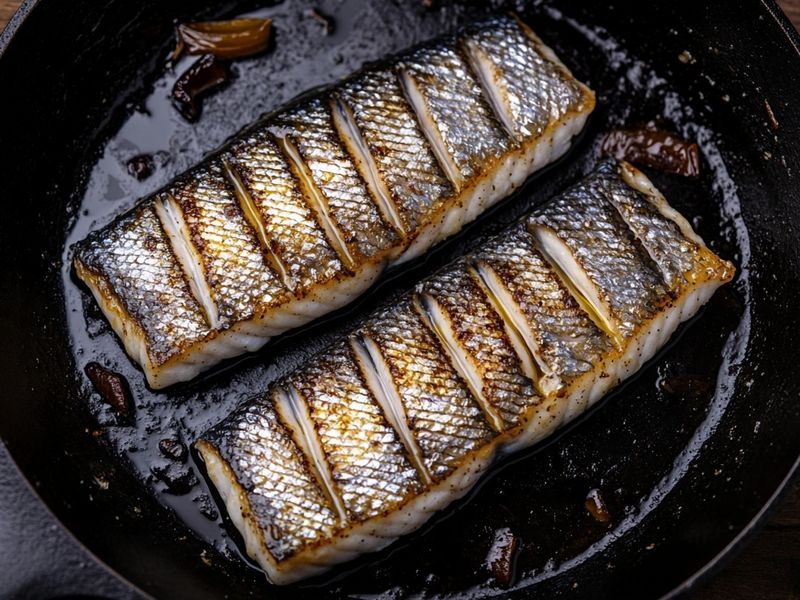Mackerel fillets with crisp golden blistered skin in a skillet