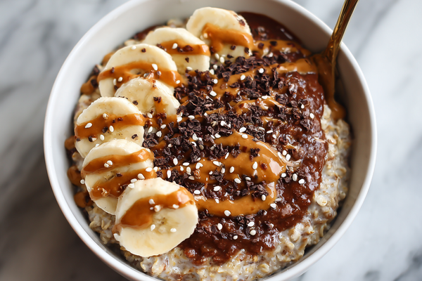 Chocolate peanut butter banana oatmeal topped with sliced bananas and peanut butter drizzle