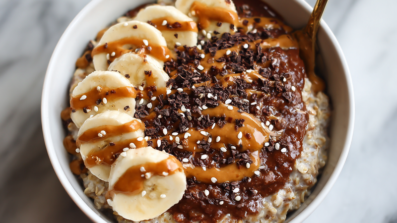Chocolate peanut butter banana oatmeal topped with sliced bananas and peanut butter drizzle
