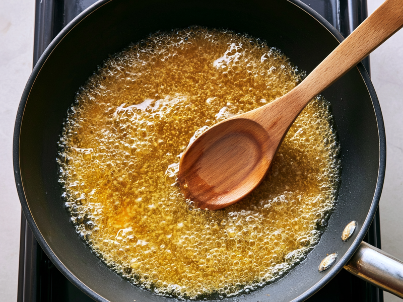 Sesame oil heating in a skillet for cooking ground beef.