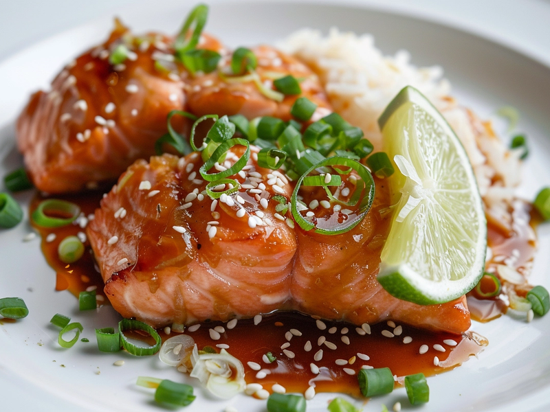 Bang bang salmon garnished with green onions, sesame seeds, and lime