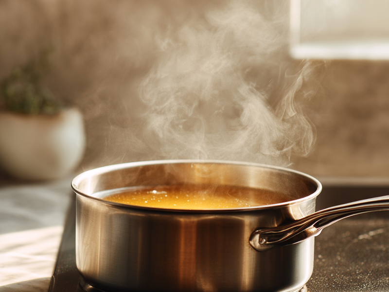 Pot of chicken broth gently simmering on the stovetop for Italian penicillin soup.