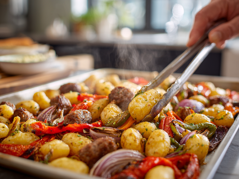 Tossing gnocchi, sausage, peppers, and onions on a sheet pan to coat in oil