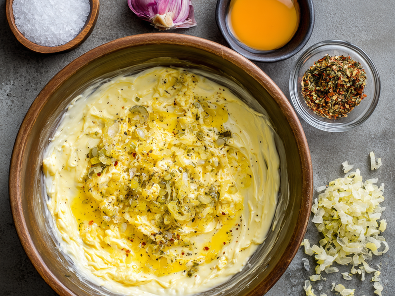 Mashing egg yolks in a bowl with a fork for deviled egg filling
