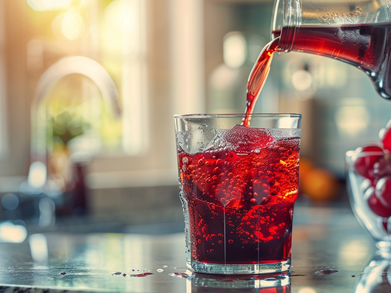 Pouring tart cherry juice over ice for the Sleepy Girl Mocktail