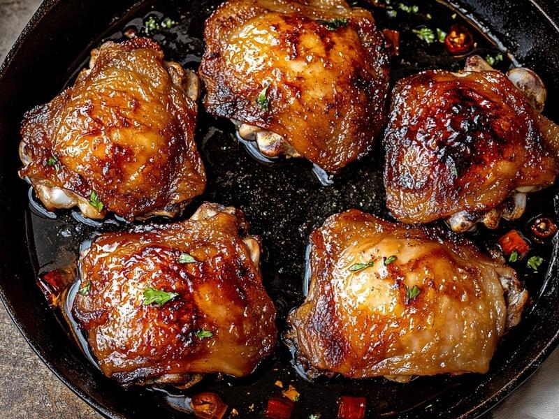 Pat the chicken thighs dry and season with a little salt. Sear skin-side down in a hot, dry skillet until deep