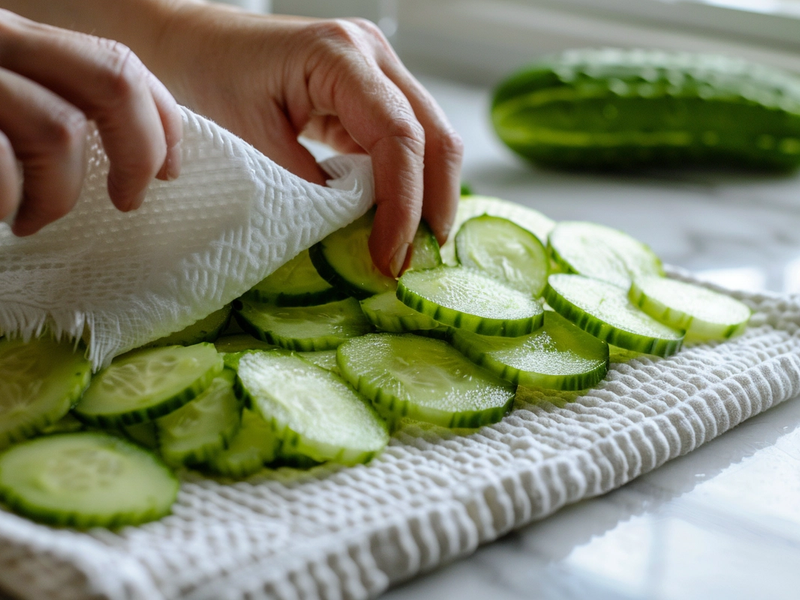 Salted cucumber slices draining in a colander to prevent watery cucumber salad