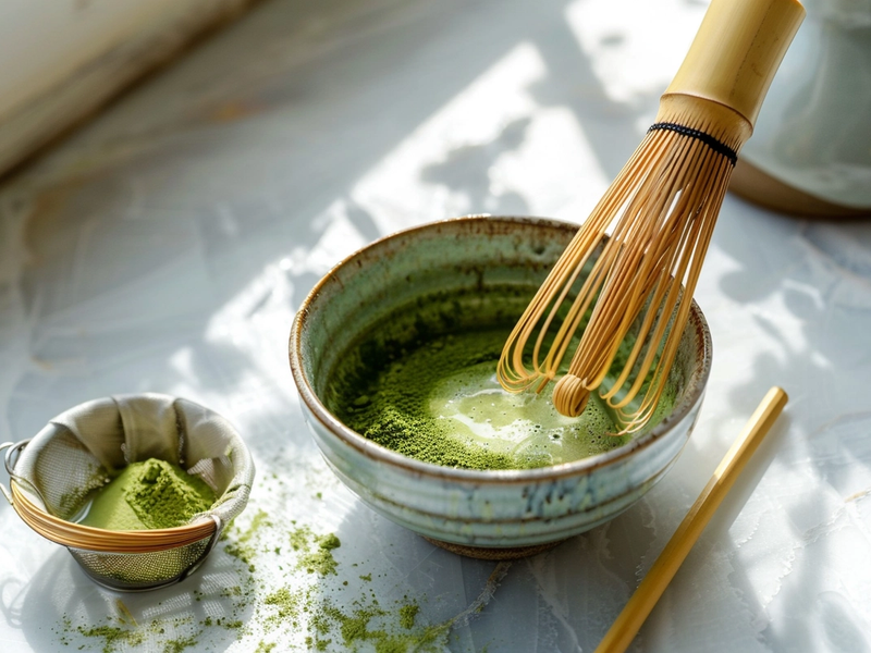 Whisking matcha powder into hot water to make the matcha soak for tiramisu