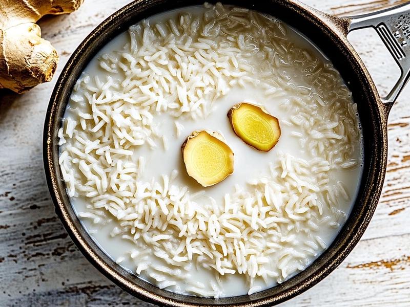 Jasmine rice in a saucepan with coconut milk and sliced ginger, before cooking
