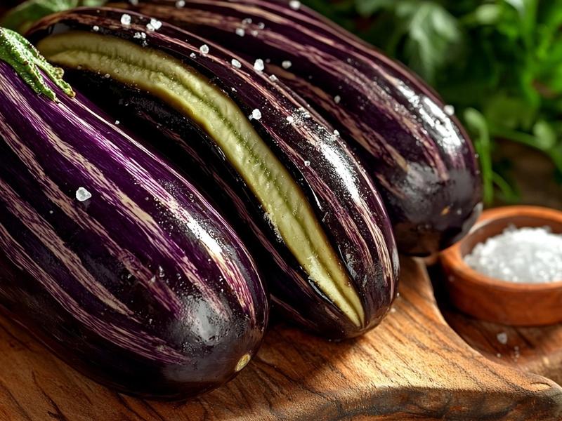 Raw uncooked purple eggplants peeled in zebra stripes on a wooden board before cooking, pale raw flesh visible, no browning