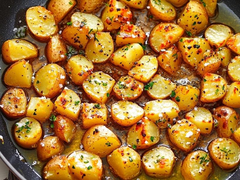Golden crisp potato cubes frying in olive oil in a skillet