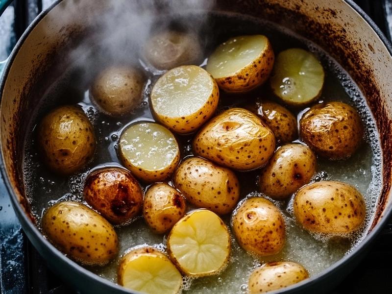 Halved baby potatoes boiling in a pot of salted water on the stove