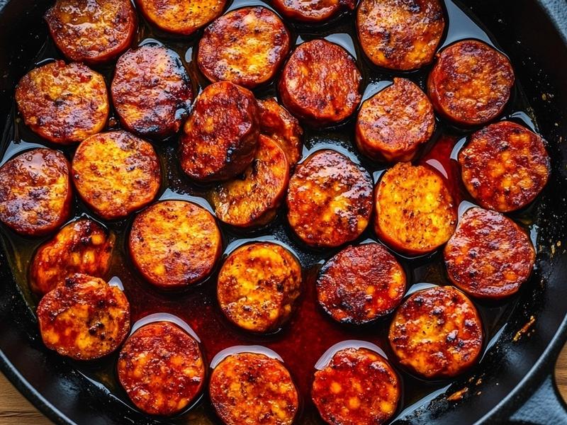 Render chorizo coins in olive oil until crisp and the oil turns ruby; reserve.