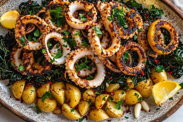 Dalmatian Charred Squid with Garlicky Swiss Chard and Lemon