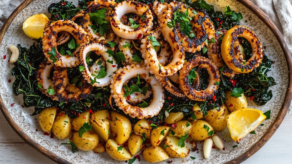 Dalmatian Charred Squid with Garlicky Swiss Chard and Lemon