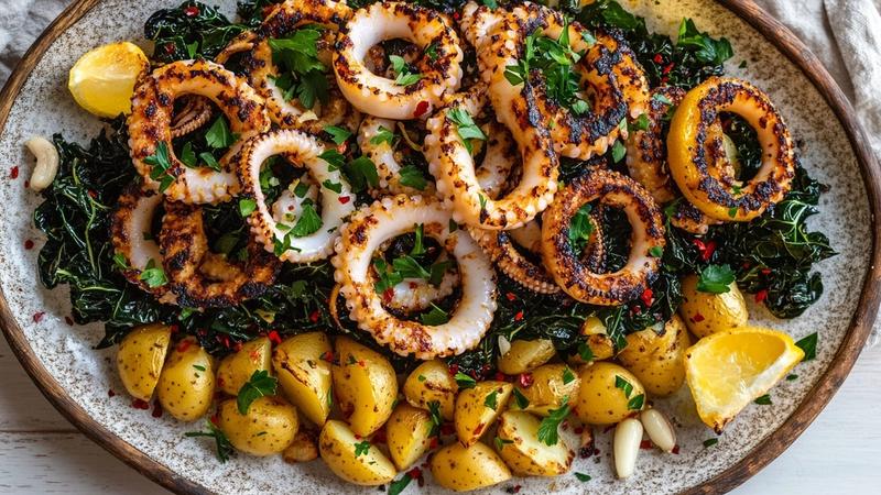 Dalmatian Charred Squid with Garlicky Swiss Chard and Lemon
