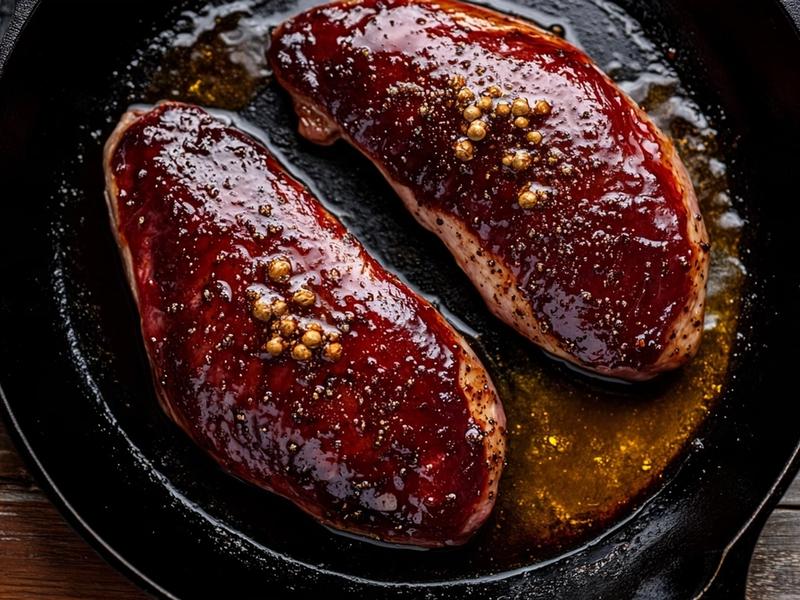 Duck breasts rendering skin-side down in a skillet